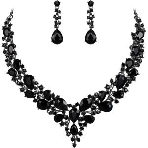 imageBriLove Womens Wedding Bridal Austrian Crystal Teardrop Cluster Statement Necklace Dangle Earrings Jewelry Set02Black BlackTone