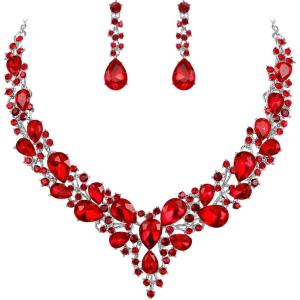imageBriLove Womens Wedding Bridal Austrian Crystal Teardrop Cluster Statement Necklace Dangle Earrings Jewelry Set03Ruby Color SilverTone