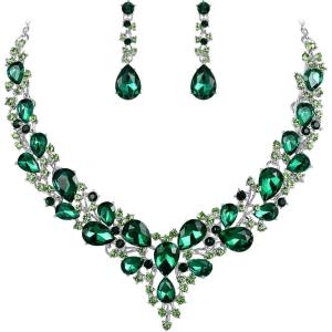 imageBriLove Womens Wedding Bridal Austrian Crystal Teardrop Cluster Statement Necklace Dangle Earrings Jewelry Set04Emerald Color SilverTone