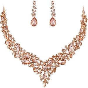 imageBriLove Womens Wedding Bridal Austrian Crystal Teardrop Cluster Statement Necklace Dangle Earrings Jewelry Set05Peach RoseGoldTone
