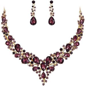 imageBriLove Womens Wedding Bridal Austrian Crystal Teardrop Cluster Statement Necklace Dangle Earrings Jewelry Set06Deep Amethyst Color GoldTone