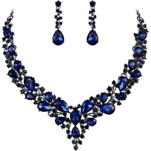 imageBriLove Womens Wedding Bridal Austrian Crystal Teardrop Cluster Statement Necklace Dangle Earrings Jewelry Set07Navy Blue BlackTone