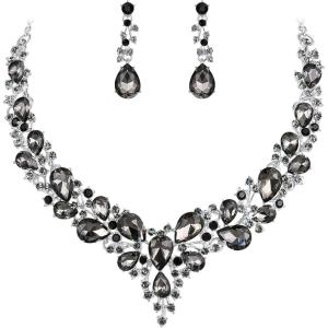 imageBriLove Womens Wedding Bridal Austrian Crystal Teardrop Cluster Statement Necklace Dangle Earrings Jewelry Set08Grey Black SilverTone