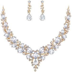 imageBriLove Womens Wedding Bridal Austrian Crystal Teardrop Cluster Statement Necklace Dangle Earrings Jewelry Set09Clear GoldTone