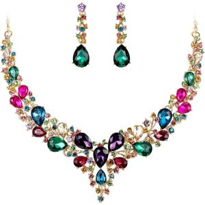 imageBriLove Womens Wedding Bridal Austrian Crystal Teardrop Cluster Statement Necklace Dangle Earrings Jewelry Set11Multicolor GoldTone