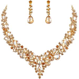 imageBriLove Womens Wedding Bridal Austrian Crystal Teardrop Cluster Statement Necklace Dangle Earrings Jewelry Set12Champagne GoldTone