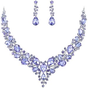 imageBriLove Womens Wedding Bridal Austrian Crystal Teardrop Cluster Statement Necklace Dangle Earrings Jewelry Set13Light Purple SilverTone