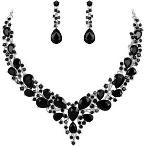 imageBriLove Womens Wedding Bridal Austrian Crystal Teardrop Cluster Statement Necklace Dangle Earrings Jewelry Set14Black SilverTone