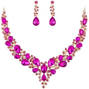 imageBriLove Womens Wedding Bridal Austrian Crystal Teardrop Cluster Statement Necklace Dangle Earrings Jewelry Set15Fuchsia GoldTone