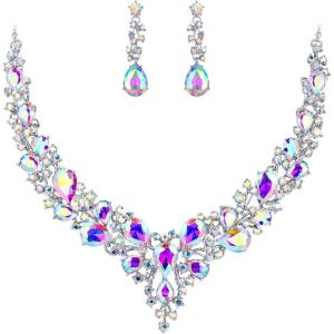 imageBriLove Womens Wedding Bridal Austrian Crystal Teardrop Cluster Statement Necklace Dangle Earrings Jewelry Set16Iridescent AB SilverTone