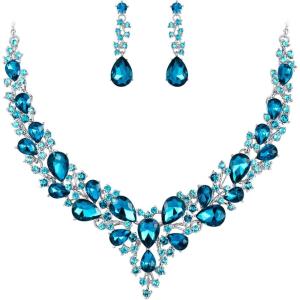 imageBriLove Womens Wedding Bridal Austrian Crystal Teardrop Cluster Statement Necklace Dangle Earrings Jewelry Set17Sky Blue SilverTone