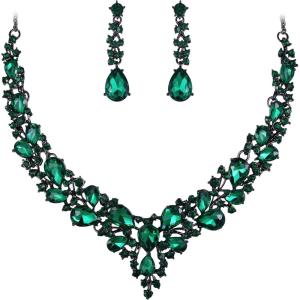 imageBriLove Womens Wedding Bridal Austrian Crystal Teardrop Cluster Statement Necklace Dangle Earrings Jewelry Set18Emerald Color BlackTone