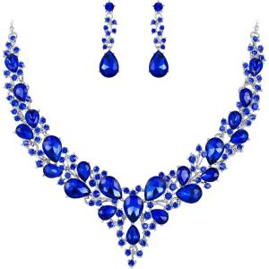 imageBriLove Womens Wedding Bridal Austrian Crystal Teardrop Cluster Statement Necklace Dangle Earrings Jewelry Set19Blue SilverTone