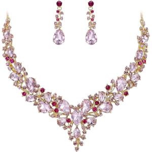 imageBriLove Womens Wedding Bridal Austrian Crystal Teardrop Cluster Statement Necklace Dangle Earrings Jewelry Set20Pink GoldTone