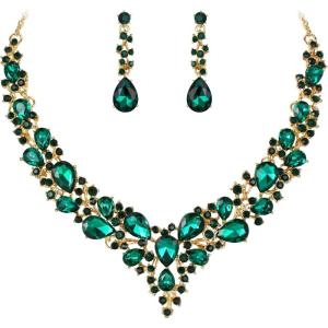 imageBriLove Womens Wedding Bridal Austrian Crystal Teardrop Cluster Statement Necklace Dangle Earrings Jewelry SetEmerald Color GoldTone