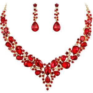 imageBriLove Womens Wedding Bridal Austrian Crystal Teardrop Cluster Statement Necklace Dangle Earrings Jewelry SetRuby Color GoldTone