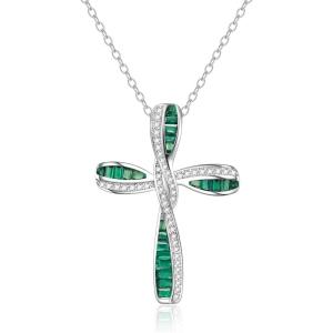 imageBriLove Dainty Elegant Cross Neckalce for Women 925 Sterling Silver Cubic Zirconia Pendant Choker Necklace JewelryEmerald Color