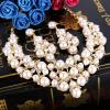 imageBriLove Womens Wedding Bridal Crystal Cream Simulated Pearl Cluster Statement Necklace Dangle Earrings SetGoldTone