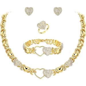 imageBriLove African Jewelry Set for Women Gorgeous Austrian Crystal Statement Necklace Bracelet Stud Earrings and Ring Party PromDouble Heart
