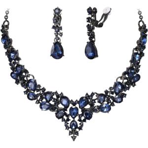 imageBriLove Alloy Crystal Teardrop Cluster Statement Necklace Clipon Earrings Set07Sapphire Color BlackTone