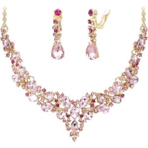 imageBriLove Alloy Crystal Teardrop Cluster Statement Necklace Clipon Earrings Set11Pink GoldTone