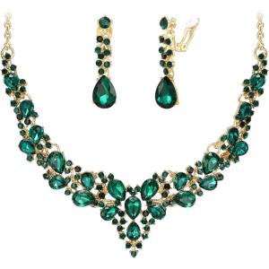 imageBriLove Alloy Crystal Teardrop Cluster Statement Necklace Clipon Earrings Set14Emerald Color GoldTone