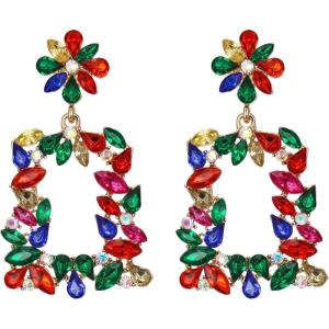 imageBriLove Art Deco Sparkly Rhinestone Marquise Rectangle Flower Statement Dangle Earrings for Women Multicolor GoldTone