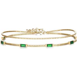 imageBriLove Dainty Elegant 925 Sterling Silver Cubic Zirconia 2 Layer Birthstone Bracelets for WomenSix Emerald Cut Tennis Bracelet Birthday Prom Gifts JewelryEmerald Color GoldTone