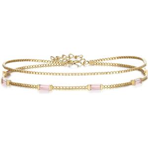 imageBriLove Dainty Elegant 925 Sterling Silver Cubic Zirconia 2 Layer Birthstone Bracelets for WomenSix Emerald Cut Tennis Bracelet Birthday Prom Gifts JewelryPink GoldTone