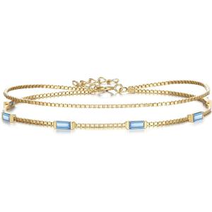 imageBriLove Dainty Elegant 925 Sterling Silver Cubic Zirconia 2 Layer Birthstone Bracelets for WomenSix Emerald Cut Tennis Bracelet Birthday Prom Gifts JewelryAquamarine Color GoldTone