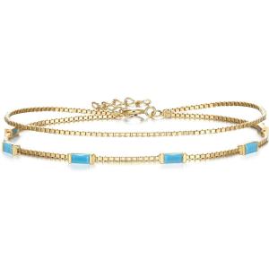 imageBriLove Dainty Elegant 925 Sterling Silver Cubic Zirconia 2 Layer Birthstone Bracelets for WomenSix Emerald Cut Tennis Bracelet Birthday Prom Gifts JewelryTurquoise Color GoldTone