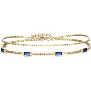 imageBriLove Dainty Elegant 925 Sterling Silver Cubic Zirconia 2 Layer Birthstone Bracelets for WomenSix Emerald Cut Tennis Bracelet Birthday Prom Gifts JewelrySapphire Color GoldTone