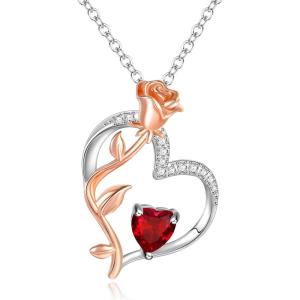 imageBriLove Rose Flower Heart Birthstone Necklace for Women925 Sterling Silver Cubic Zirconia Pendant Birthday Anniversary Mom Women01Ruby Color