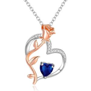 imageBriLove Rose Flower Heart Birthstone Necklace for Women925 Sterling Silver Cubic Zirconia Pendant Birthday Anniversary Mom Women02Sapphire Color