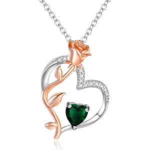 imageBriLove Rose Flower Heart Birthstone Necklace for Women925 Sterling Silver Cubic Zirconia Pendant Birthday Anniversary Mom Women03Emerald Color