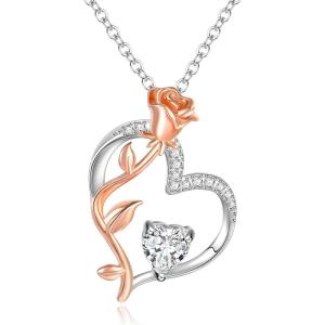 imageBriLove Rose Flower Heart Birthstone Necklace for Women925 Sterling Silver Cubic Zirconia Pendant Birthday Anniversary Mom Women04Clear