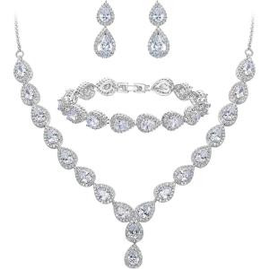 imageBriLove Wedding Bridal CZ Necklace Bracelet Earrings Jewelry Set for Women Teardrop Infinity Figure 8 YNecklace Tennis Dangle Party Prom AccessoriesClear