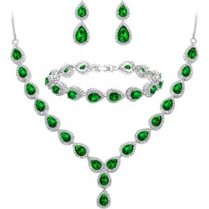 imageBriLove Wedding Bridal CZ Necklace Bracelet Earrings Jewelry Set for Women Teardrop Infinity Figure 8 YNecklace Tennis Dangle Party Prom AccessoriesEmerald Color
