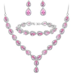 imageBriLove Wedding Bridal CZ Necklace Bracelet Earrings Jewelry Set for Women Teardrop Infinity Figure 8 YNecklace Tennis Dangle Party Prom AccessoriesPink Tourmaline Color
