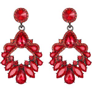 imageBriLove Wedding Bridal Rhinestone Marquise Teardrop Cluster Geometric Dangle Earrings for WomenRuby Color BlackTone