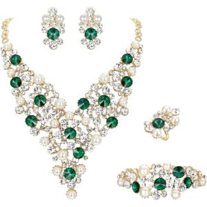 imageBriLove Wedding Bridal Simulated Pearl Crystal Rhinestones Cluster Statement Necklace Link Bracelet Dangle Earrings Ring Set for WomenEmerald Color GoldTone