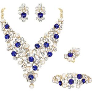 imageBriLove Wedding Bridal Simulated Pearl Crystal Rhinestones Cluster Statement Necklace Link Bracelet Dangle Earrings Ring Set for WomenSapphire Color GoldTone