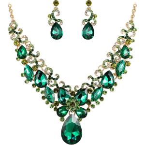 imageBriLove Womens Costume Fashion Crystal Teardrop Marquise Butterfly Filigree Enamel Statement Necklace Dangle Earrings Set01Emerald Color GoldTone