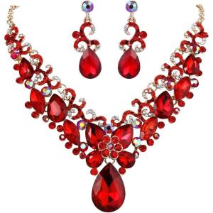 imageBriLove Womens Costume Fashion Crystal Teardrop Marquise Butterfly Filigree Enamel Statement Necklace Dangle Earrings Set02Ruby Color GoldTone