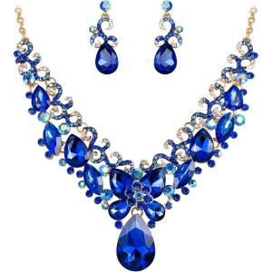 imageBriLove Womens Costume Fashion Crystal Teardrop Marquise Butterfly Filigree Enamel Statement Necklace Dangle Earrings Set04Royal Blue GoldTone