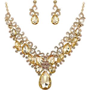 imageBriLove Womens Costume Fashion Crystal Teardrop Marquise Butterfly Filigree Enamel Statement Necklace Dangle Earrings Set05Champagne GoldTone