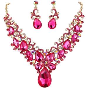 imageBriLove Womens Costume Fashion Crystal Teardrop Marquise Butterfly Filigree Enamel Statement Necklace Dangle Earrings Set06Fuchsia GoldTone
