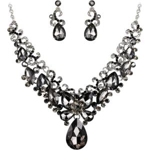 imageBriLove Womens Costume Fashion Crystal Teardrop Marquise Butterfly Filigree Enamel Statement Necklace Dangle Earrings Set07Grey SilverTone