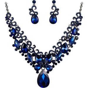 imageBriLove Womens Costume Fashion Crystal Teardrop Marquise Butterfly Filigree Enamel Statement Necklace Dangle Earrings Set08Navy Blue BlackTone