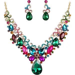 imageBriLove Womens Costume Fashion Crystal Teardrop Marquise Butterfly Filigree Enamel Statement Necklace Dangle Earrings Set09Multicolor GoldTone